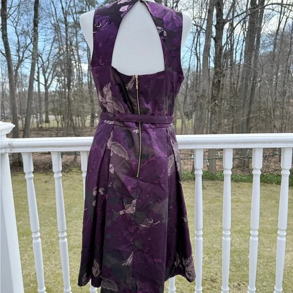 Eliza J embellished neck purple jacquard fit and flare belted dress - Picture 5 of 10